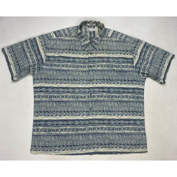 VINTAGE Pierre Cardin Button Up Shirt Men XL All Over Print Blue Short Sleeve - Picture 1 of 5